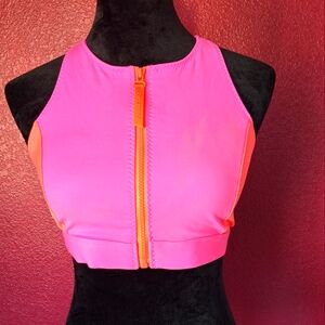 Fabletics High-Tide front zip swim top Medium. Hot pink.